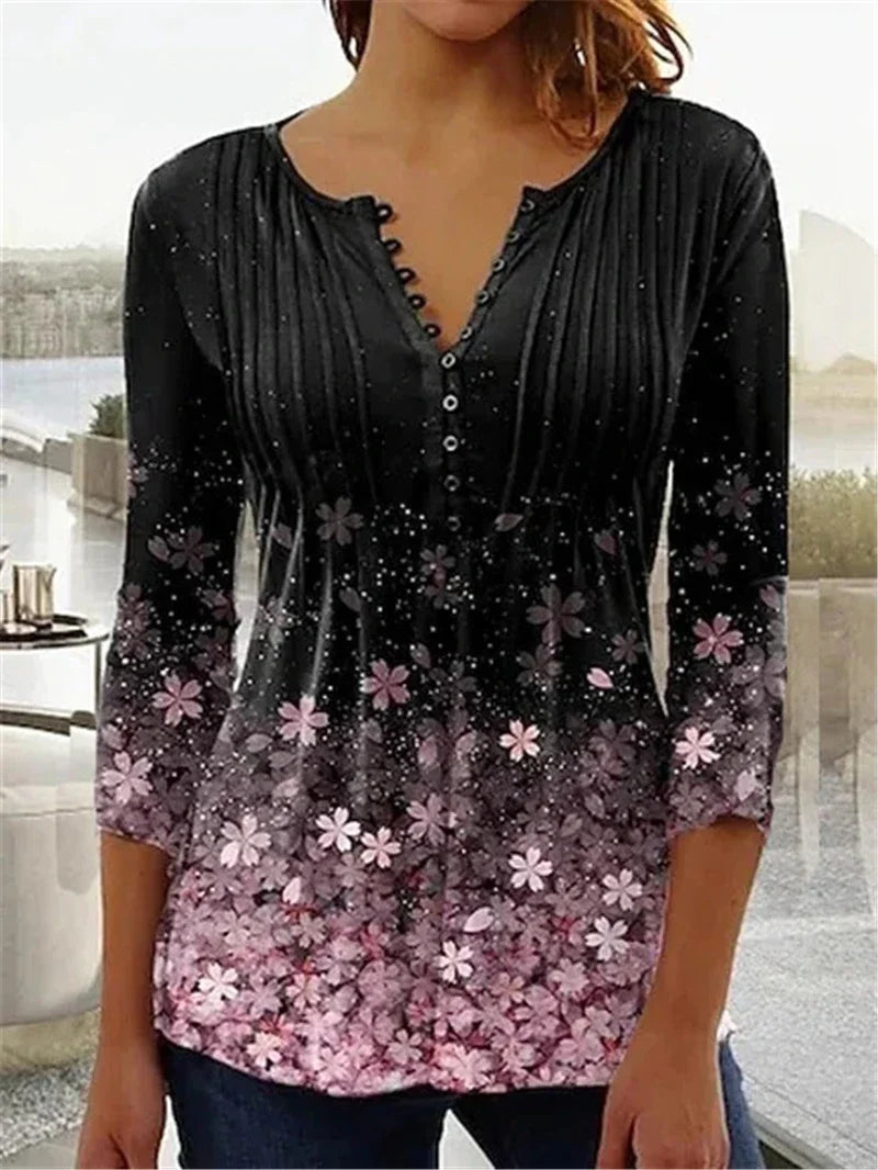the FLOWER SHOP - Women's Vintage Floral Print Pleated Button Spring/Summer Fashion V-Neck 3/4 Sleeve Elegant Slim Blouse Tops
