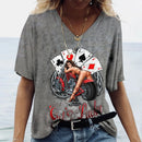 the ROUTE 66 - Pattern 3D Print V-Neck Casual Short Sleeve Oversized Pullover Fashion T-Shirts for Women