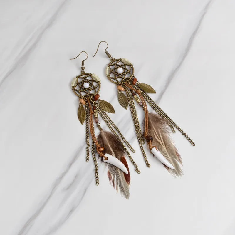 the DREAM CATCHER - Boho Tribal Vintage Dream Catcher Feather Leaf Long Tassel Dangling Earrings for Women