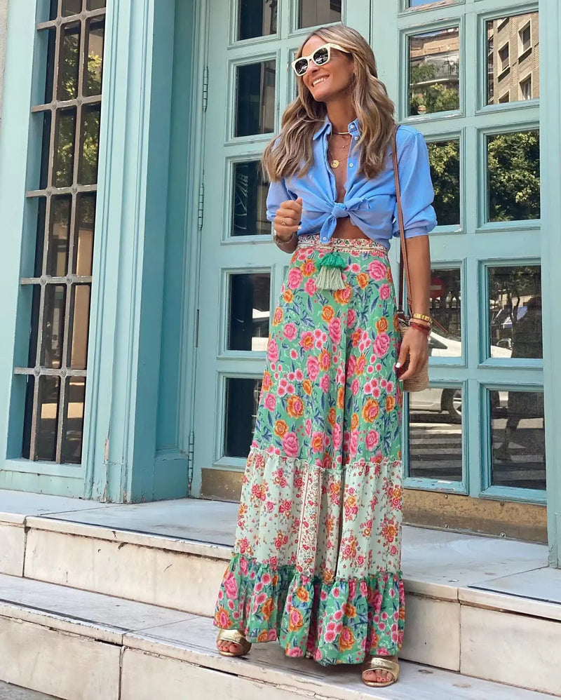 Boho Women Long Floral Skirts Summer Autumn Loose Casual Skirt Fashion Elastic Waist Big Hem Long Beach Skirt Women Clothes