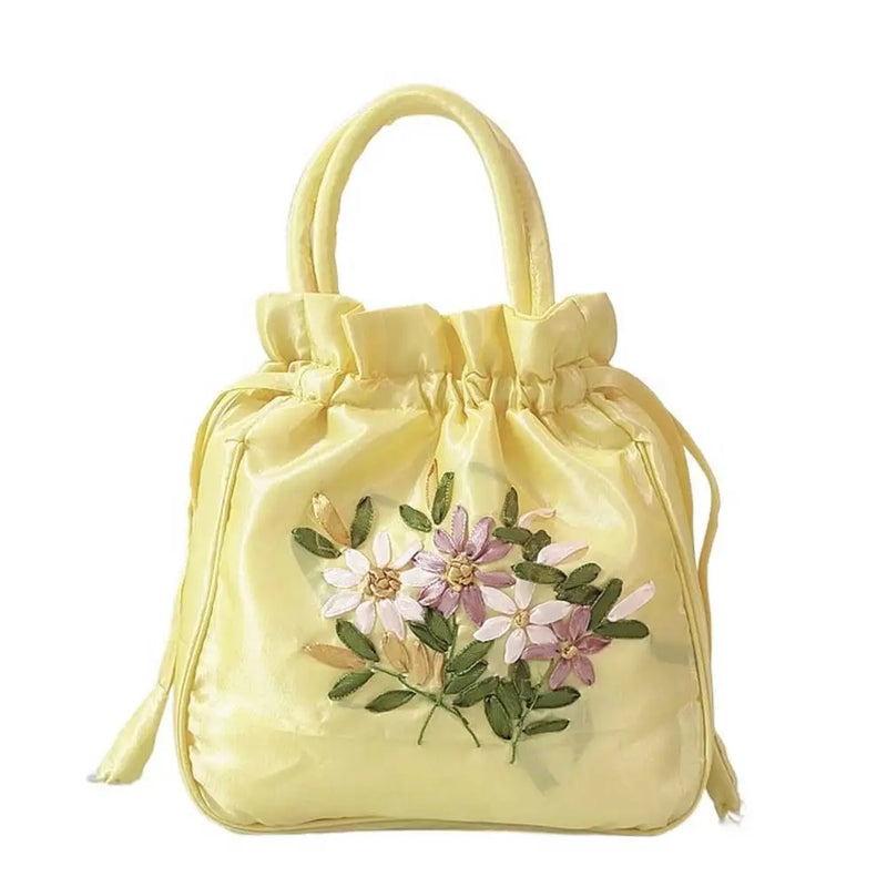 the SATCHEL - Retro Elegant Satin Silk Embroidery Totes for Women, Floral Drawstring Handbag, Woman Purse/Wallet Small Tote Bags