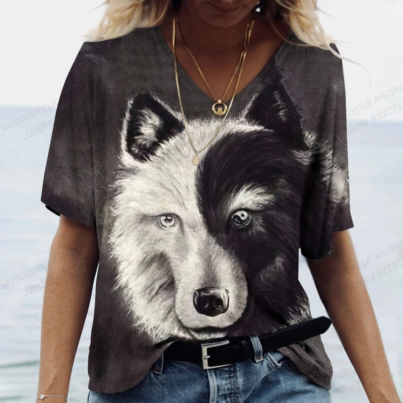 Women's T-shirts Animal Wolf 3d Print Tshirt Women Fashion T-shirt V-Neck Graphic T Shirts Women's Clothing Female Tops Summer