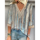 the RAINDROP - Women's Vintage Print Hollow Lace Patchwork Elegant Spring/Summer Trendy Casual V-Neck 3/4 Sleeve Loose Blouse Tops