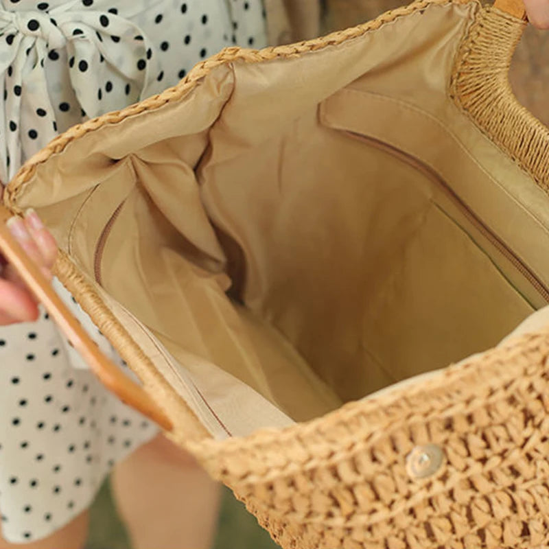 the WOVEN BAG - Straw Bag Rattan Woven Round Tassel Handbag for Women, Large Capacity Shoulder Tote Purse, Ladies Holiday Wood Handle Shopping Bag