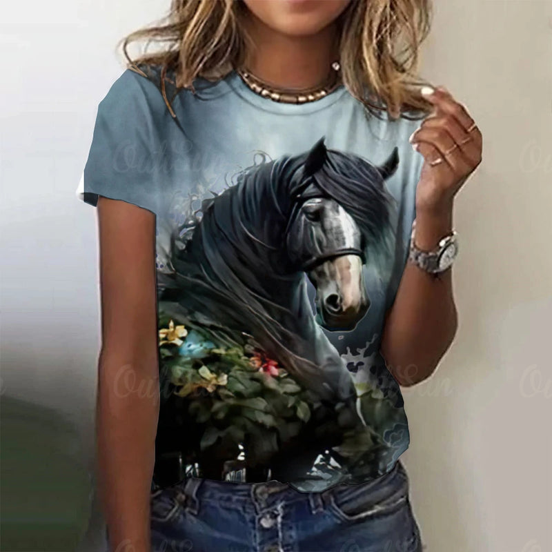 3D Animal Print New Women's T-shirts Casual Short Sleeves Horse Pattern Street Tees Tops Summer Loose Women Clothing Pullover