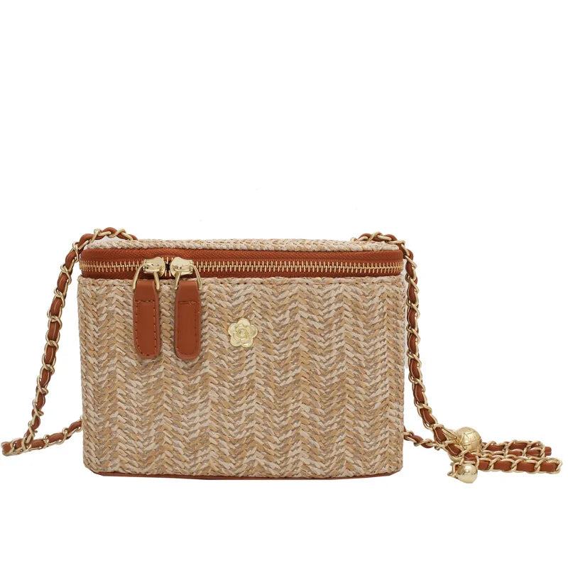 the PICNIC BOHO - Mini Straw Bucket Crossbody Bag for Women, Summer Weave Women's Brand Handbags and Purses, Fashion Chain Simple Shoulder Bags