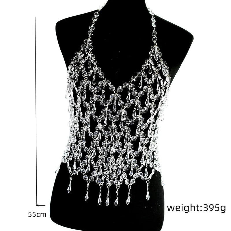 the BODY CRYSTALS - Sexy Tassel Rhinestone Chic Women's Lingerie Body Chain Top Water Drop Fishnet Crystal Shiny Chest Bra Bikini Sling Vest Jewelry