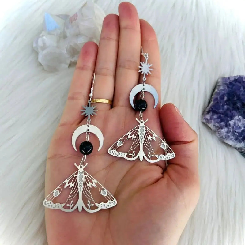 the BUG LIFE - Fashion Moon Star Elegant Moth Insect Creative Bohemian Silver Color Copper Dangle Earrings for Women