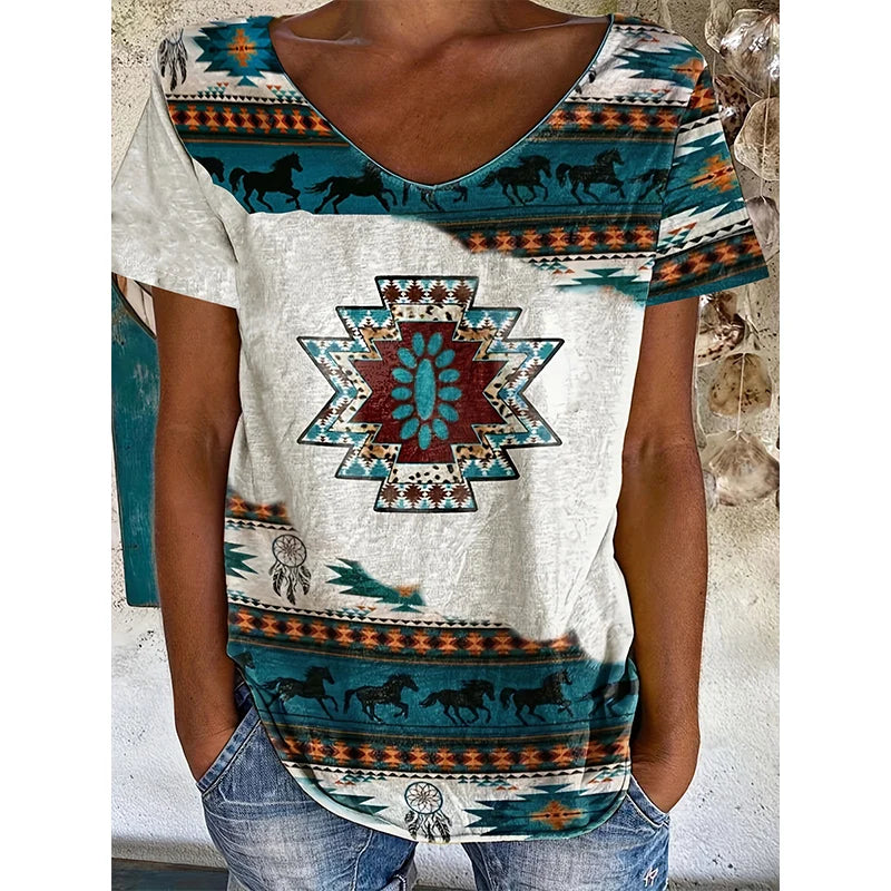 Indian Elephant T-shirts Ethnic Geometry Floral 3D Print Women Streetwear V-Neck T Shirt Harajuku Y2k Top Oversized Tees Clothes