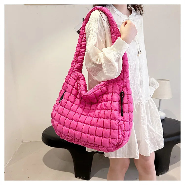 the PUFFY BOHO - Casual Ruched Hobos, Women Shoulder Bags, Quilted Padded Crossbody Bag, Large Capacity Nylon Puffer Tote Bag, Big Shopper Purses