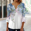 the FLOWER SHOP - Women's Vintage Floral Print Pleated Button Spring/Summer Fashion V-Neck 3/4 Sleeve Elegant Slim Blouse Tops