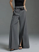 the SLACKS - Urban Female Fashion Loose Straight High-Waisted Pleated Split-Front Trousers