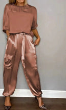 the CLASSY BOHO - Elegant Smooth Satin Set Smooth Half Sleeve Shirt Casual Pants Two-Piece Set for Women