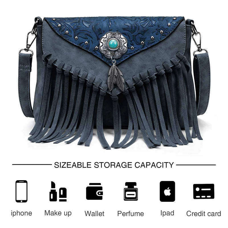 the WESTERNER - Original Design Shoulder Bag for Women, PU Leather Luxury Clutch Designer Handbags, Western Purse Fringe Messenger Bag