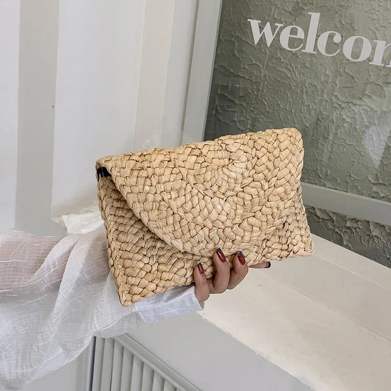 the LETTER BAG - Fashionable Corn Husk Straw Bags, Hand-Woven Women Clutch, Envelope Handbag Long Purse for Female, Summer Beach Bag