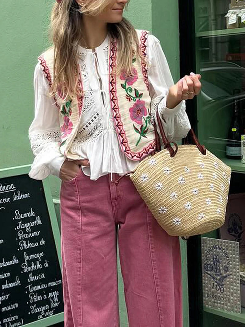 the EMBROIDERRY - Women's Vintage Boho Floral Embroidered Sleeveless Crop Cardigan Open Front Vest Outwear Jackets