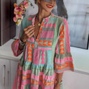 the PINK POPPY - Women Sexy V-Neck Ruffles Boho Spring Vintage Retro Print A-Line Casual 3/4 Flare Sleeve Loose Mini Dress