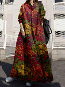 the BOHO KIMONO - Floral Printed Long Sleeve Cotton Maxi Dress Long Loose Casual Lapel Neck Shirtdress