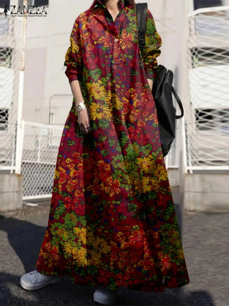 ZANZEA Floral Printed Long Sleeve Cotton Maxi Dress Women Spring 2025 Loose Casual Lapel Neck Shirtdress Streetwear Long Vestido