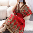 the TIBET BOHO - Casual Elegant Retro Bohemian Style V-Neck Elastic Waist Large Swing Printed Summer Long Skirt Dress for Women
