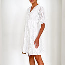 the EYELET DRESS - Sexy Summer V-Neck Short Sleeve Beach Summer Loose Pleated A-Line Lace Hollow Solid Color Dress