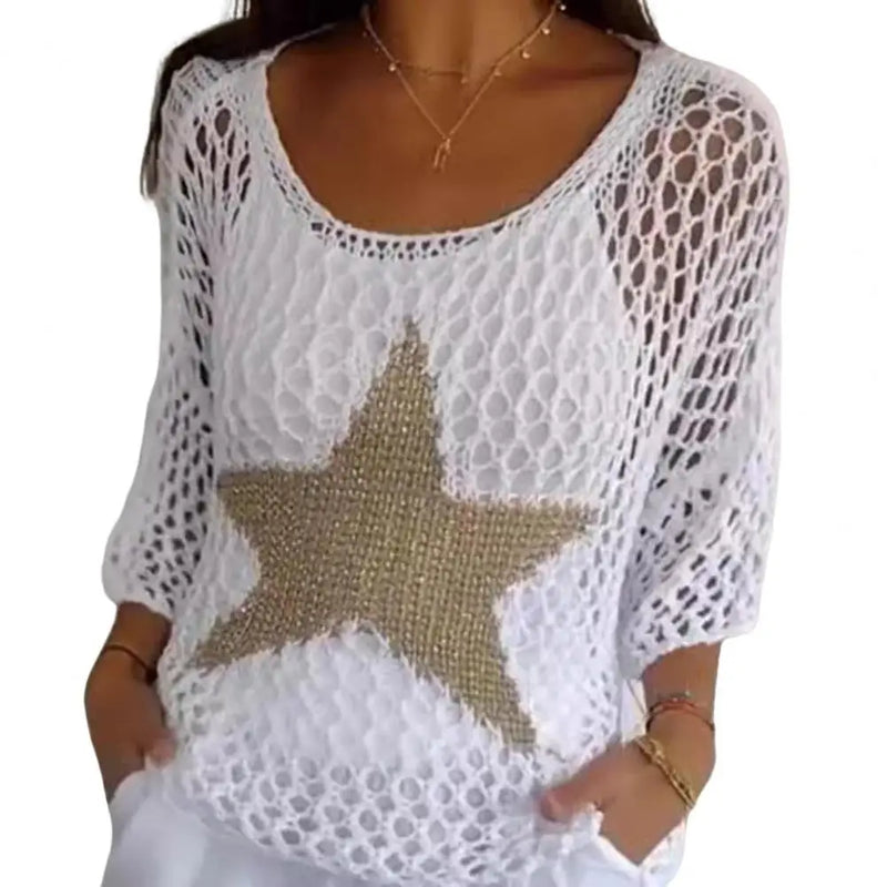 Women Fishnet Pullover Crochet Fishnet Blouse Stylish Women's Crochet Tops O-neck Fishnet Knit Blouse V-neck for Fashionable