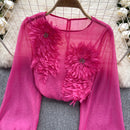 the SHEER BOHO - Women's Loose O-Neck Long Sleeves Sheer Bohemian Transparent 3D Floral Blouse