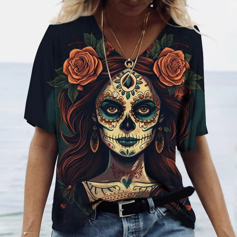 2023 Vintage Skull Face Women's T Shirt Tops V Neck Casual Cotton Short Sleeve Pullover Summer Female Harajuku Punk Streetwear