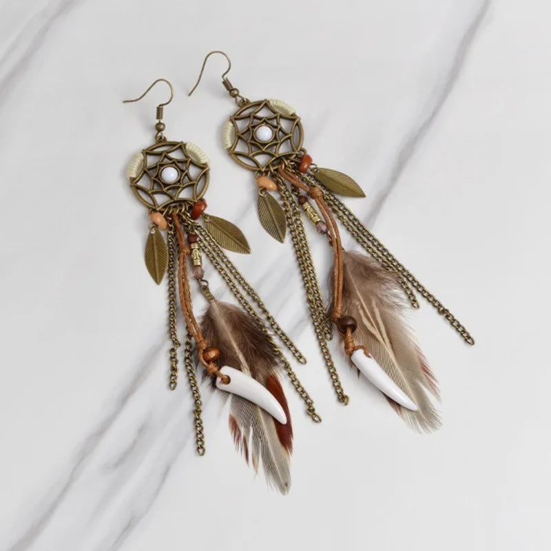 the DREAM CATCHER - Boho Tribal Vintage Dream Catcher Feather Leaf Long Tassel Dangling Earrings for Women