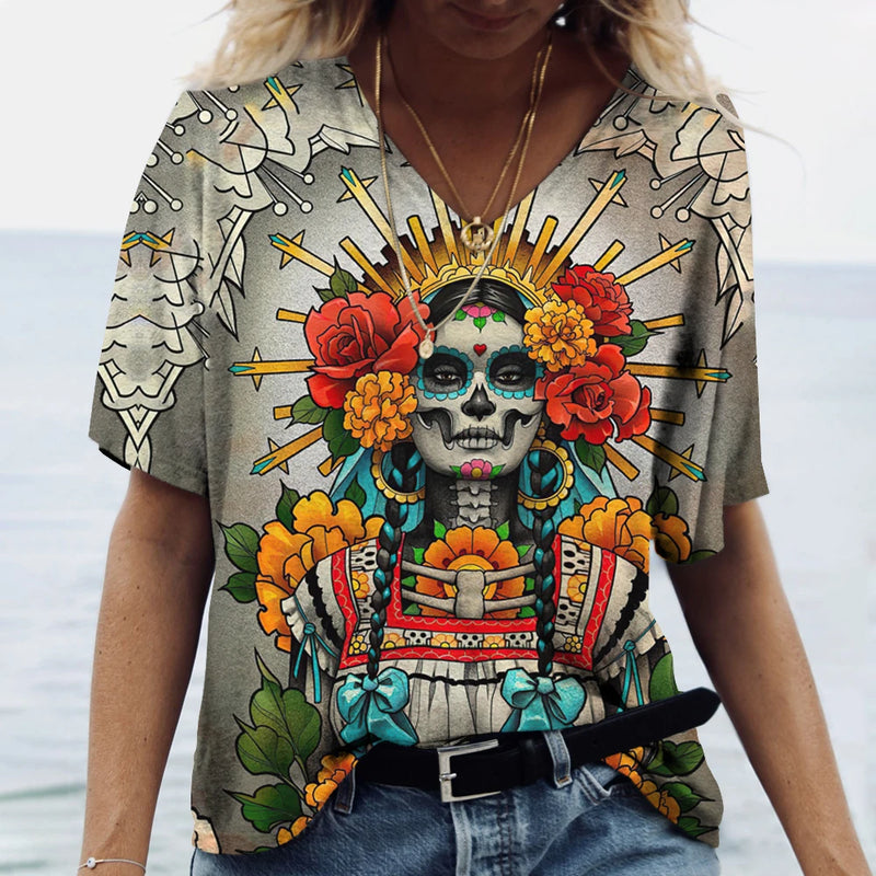 2023 Vintage Skull Face Women's T Shirt Tops V Neck Casual Cotton Short Sleeve Pullover Summer Female Harajuku Punk Streetwear