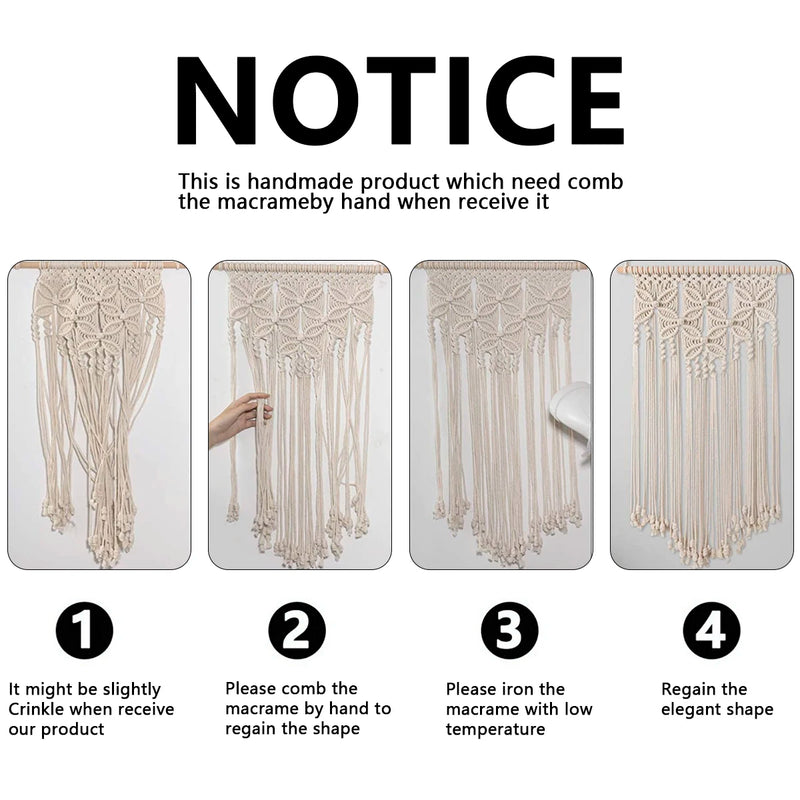 the WOVEN WALL - Macrame Wall Hanging Tapestry, Handmade Ethnic Chic Tapestry, Woven Wall Art Décor, Beige Tassel Cotton Crochet Decoration