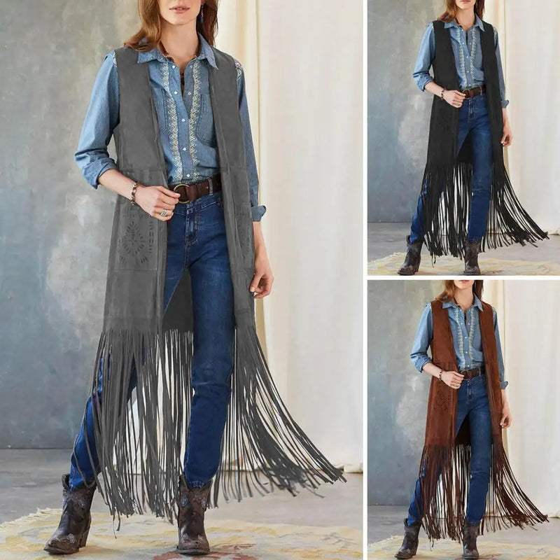 Western Fringed Vest Bohemian Fringe Vest Women's Sleeveless Cardigan with Tassel Detail Patch Pockets for Cowboy Cosplay