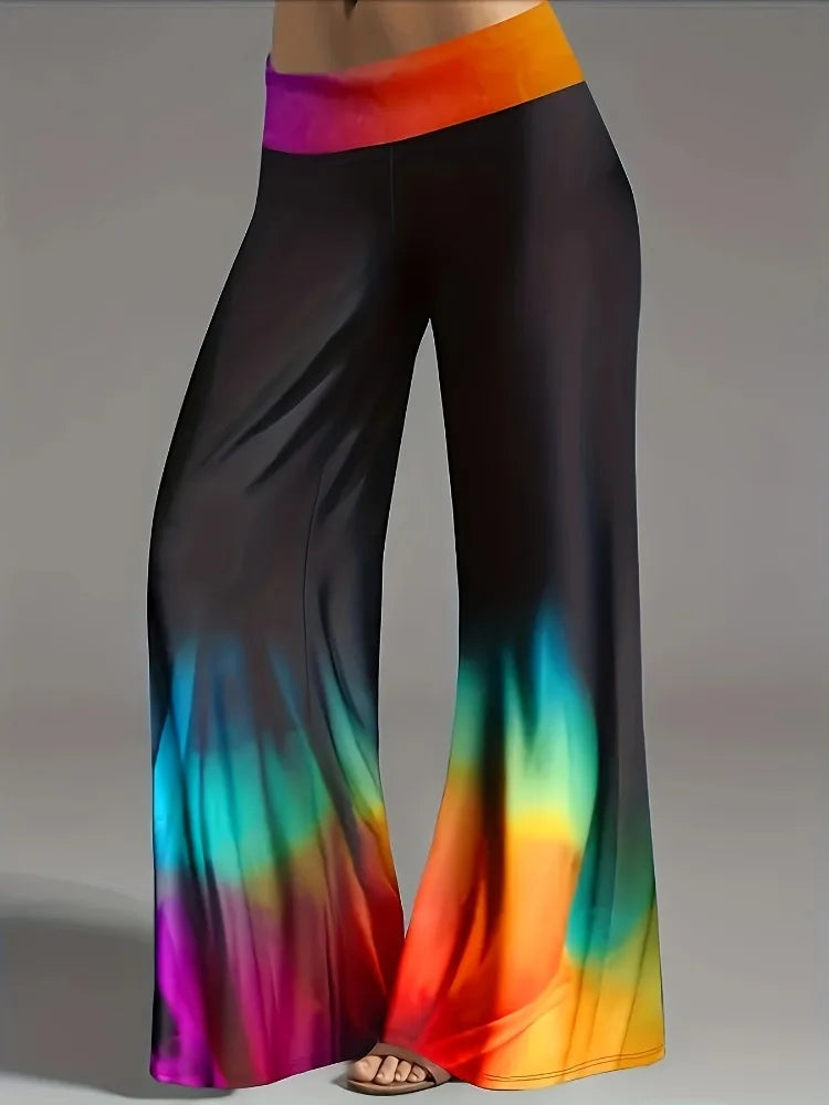 Plus Size Women's Gradient Temperament and Elegant Wide Leg Pants Fashionable Tie Dyed Contrasting Wide Leg Pants