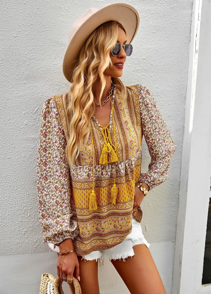 Boho lnspired Pink Floral Blouse Women V-neck Tassel Long Sleeve Bohemian Women Tops New Summer Fashion  Blouse Shirt For Women