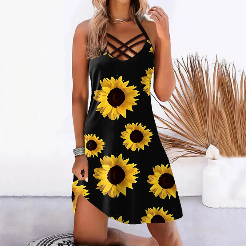 Beach Dress Summer 2025 Printed Sleeveless Women's Dress Boho Casual Party Vestidos Robe Hollow Out Short Dress