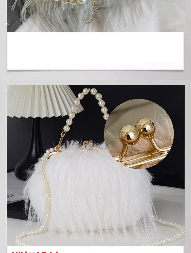 the FURBIE - Designer Women's Handbag with Tassel, Luxury Plush Evening Bags with Pearl Chain, Ladies Purse Tote Bag, Fashion Crossbody Bag