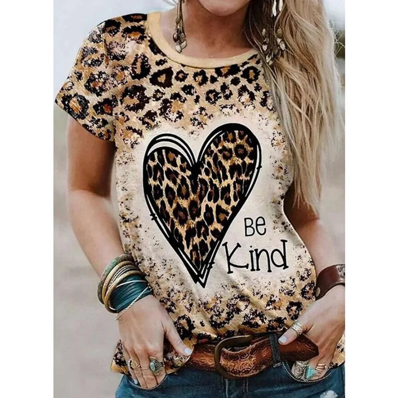 2024 New Style T-shirt For Women Leopard Print Heart Print Female Oversized T-Shirt Summer Women Clothing Short Sleeve Fashion