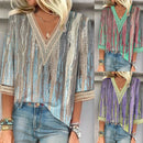 the RAINDROP - Women's Vintage Print Hollow Lace Patchwork Elegant Spring/Summer Trendy Casual V-Neck 3/4 Sleeve Loose Blouse Tops