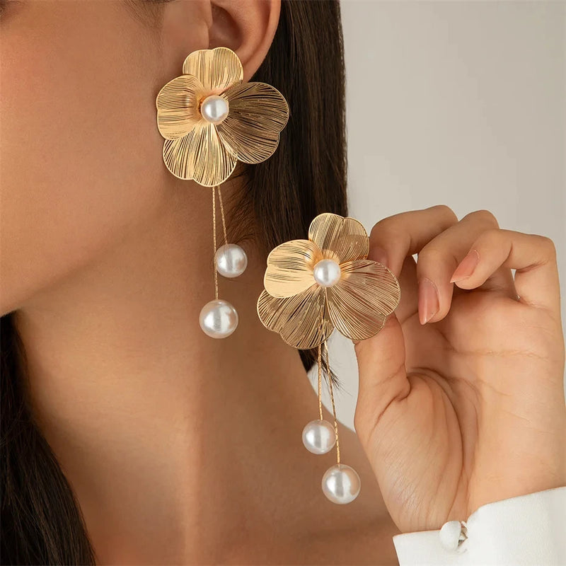 the FLOWER CHILD - Romantic Flower Petal Long Tassel Drop Earrings for Women, Imitation Pearl Hanging Piercing Earrings Jewelry Gift