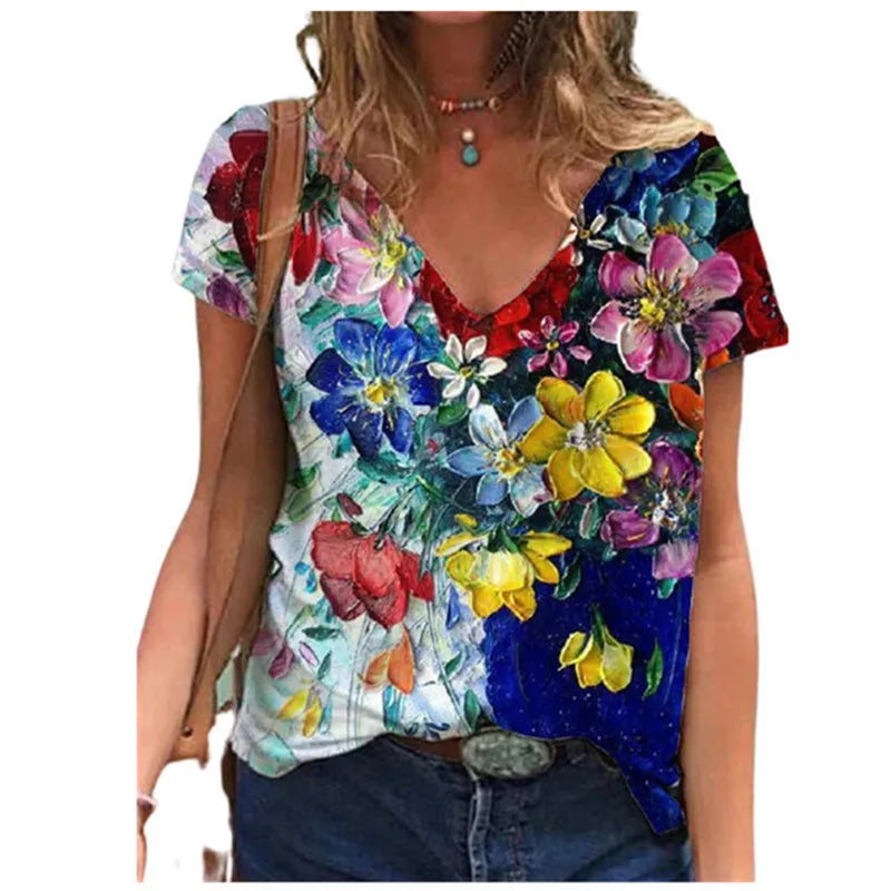 Oversized Summer Women Tops Fashion Short Sleeve 3d Flower Print Beauty T Shirt Streetwear Loose Harajuku Casual Female Clothing