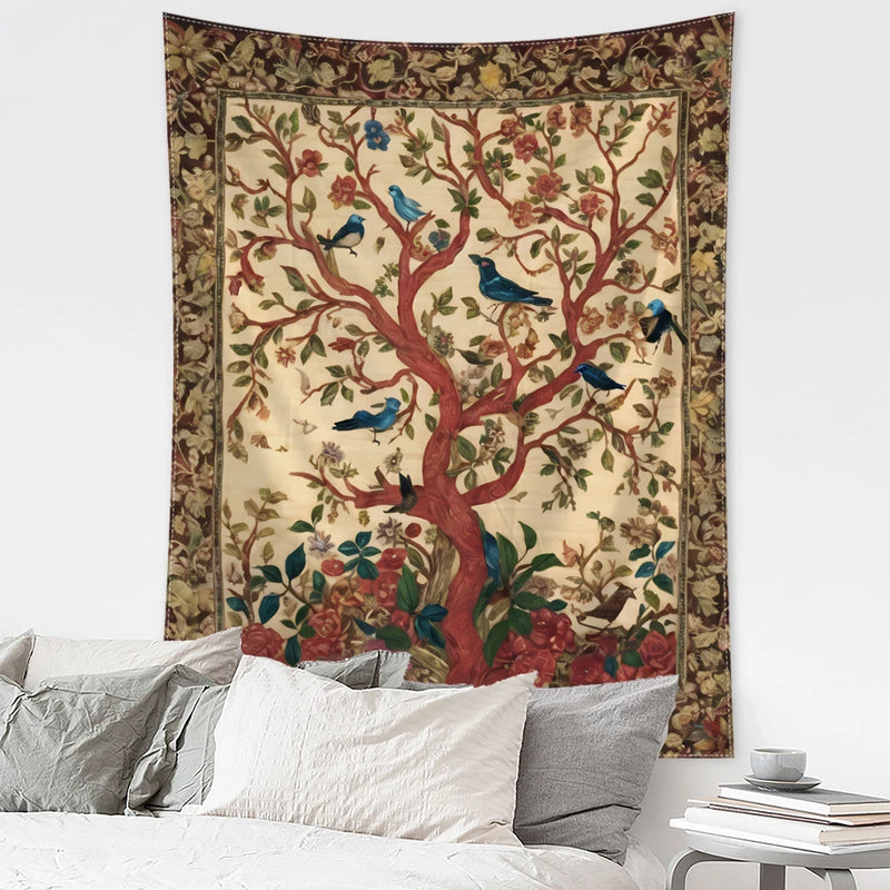 the BIRD TREE - Retro Flower and Bird Tree Tapestry Wall Hanging, Abstract Art Home Decor