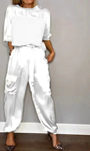 the CLASSY BOHO - Elegant Smooth Satin Set Smooth Half Sleeve Shirt Casual Pants Two-Piece Set for Women