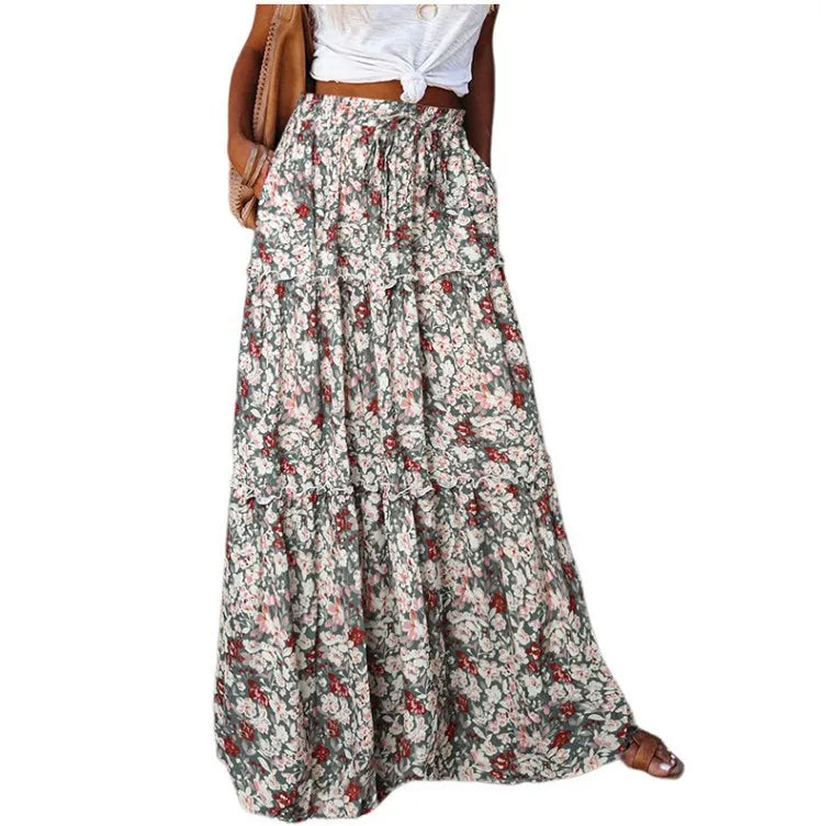 New Long Skirt Retro Skirt Loose Casual High Waist Skirt Bohemian Style Patchwork Pleated Pocket Skirt