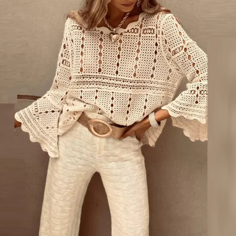 Spring Summer Lace Crochet Women's White Shirts 2024 New Hollow Out Beach Bohemian Cover Up Tees Female Long Sleeve Knitted Tops