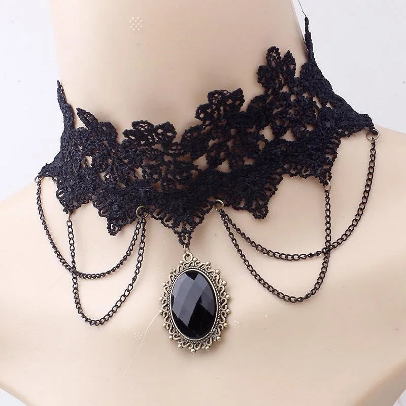 the GOTHIC VICTORIAN - Gothic Victorian Black Lace Necklace Women/Girl Boho Crystal Tassel Sexy Lace Choker Dark Style Jewelry