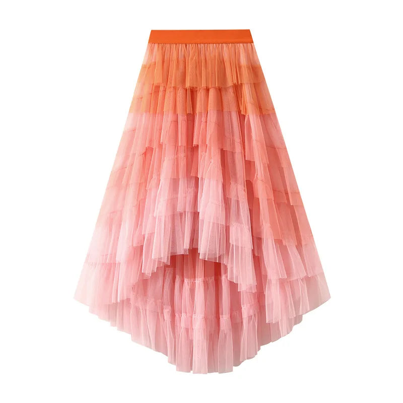 Women's Tulle Skirt Ruffle Multilayer Mesh A Line Tier Tutu Prom  Irregular High Waisted Gradient Rainbow TulleLong Skirt