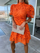 the GIRLS DAY - Elegant Collar Puff Sleeve Solid Color Sexy Lace Hook Flower Hollow Short Summer Dress