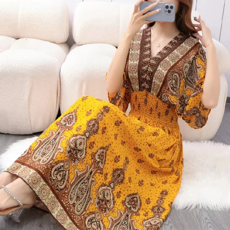 Casual Elegant Retro Bohemian National Style V-neck Elastic  Waist Large Swing Printed Summer Long Skirt Woman Dress Clothes