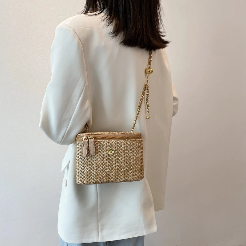 the PICNIC BOHO - Mini Straw Bucket Crossbody Bag for Women, Summer Weave Women's Brand Handbags and Purses, Fashion Chain Simple Shoulder Bags