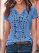 the VINTAGE BOHO - Fashion Casual V-Neck Short Sleeved Bohemian Floral Printed Blouses Loose T-Shirts